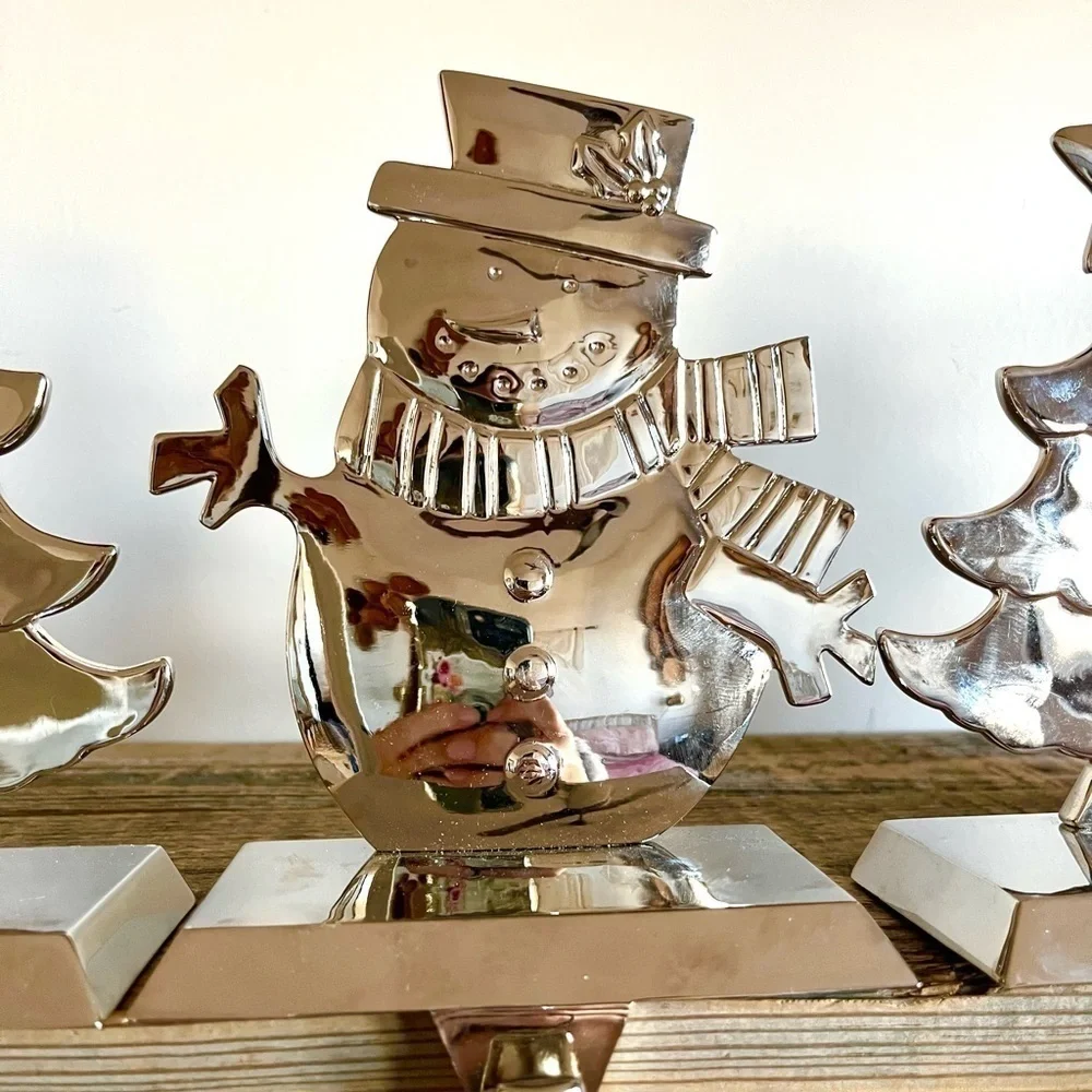 Chrome Christmas Tree Snowman Stocking Hooks set of 4